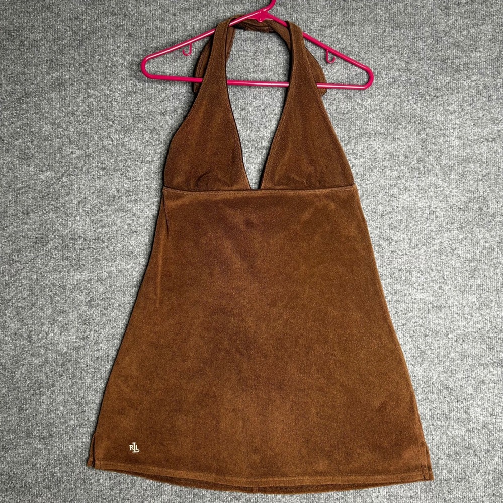 Vintage Lauren Ralph Lauren Brown Terry Cloth Halter Swim Cover Up Dress Size M